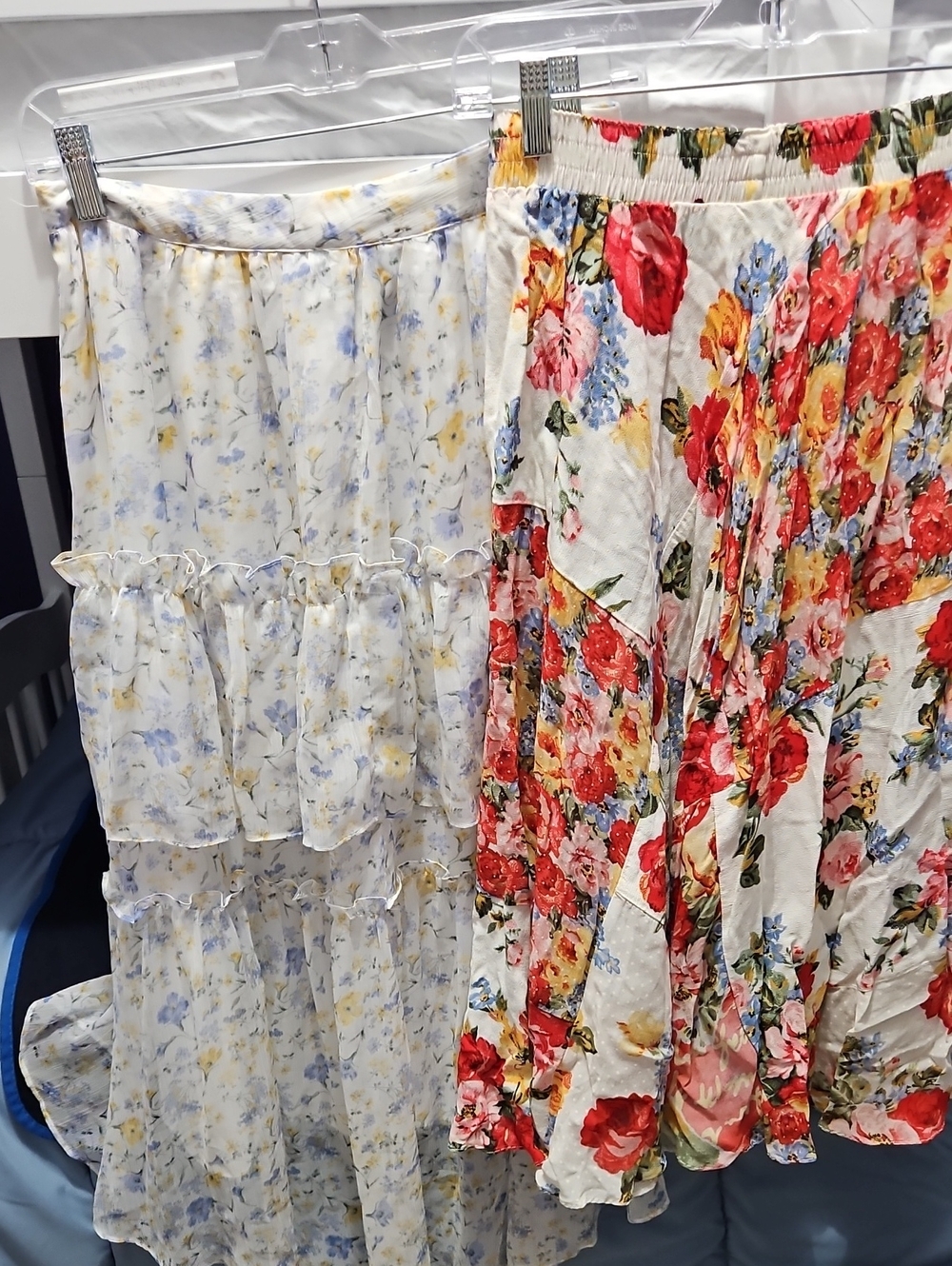 2 Floral Tiered Maxi Skirts - Cream & Red Floral